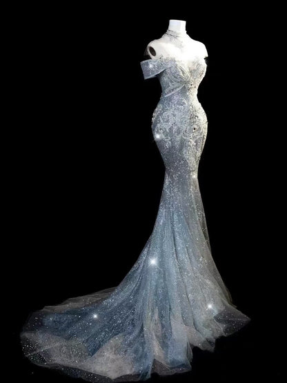 Robe de mariée longue de princesse sirène épaules dénudées à sequins blancs avec manches et traîne AB2188