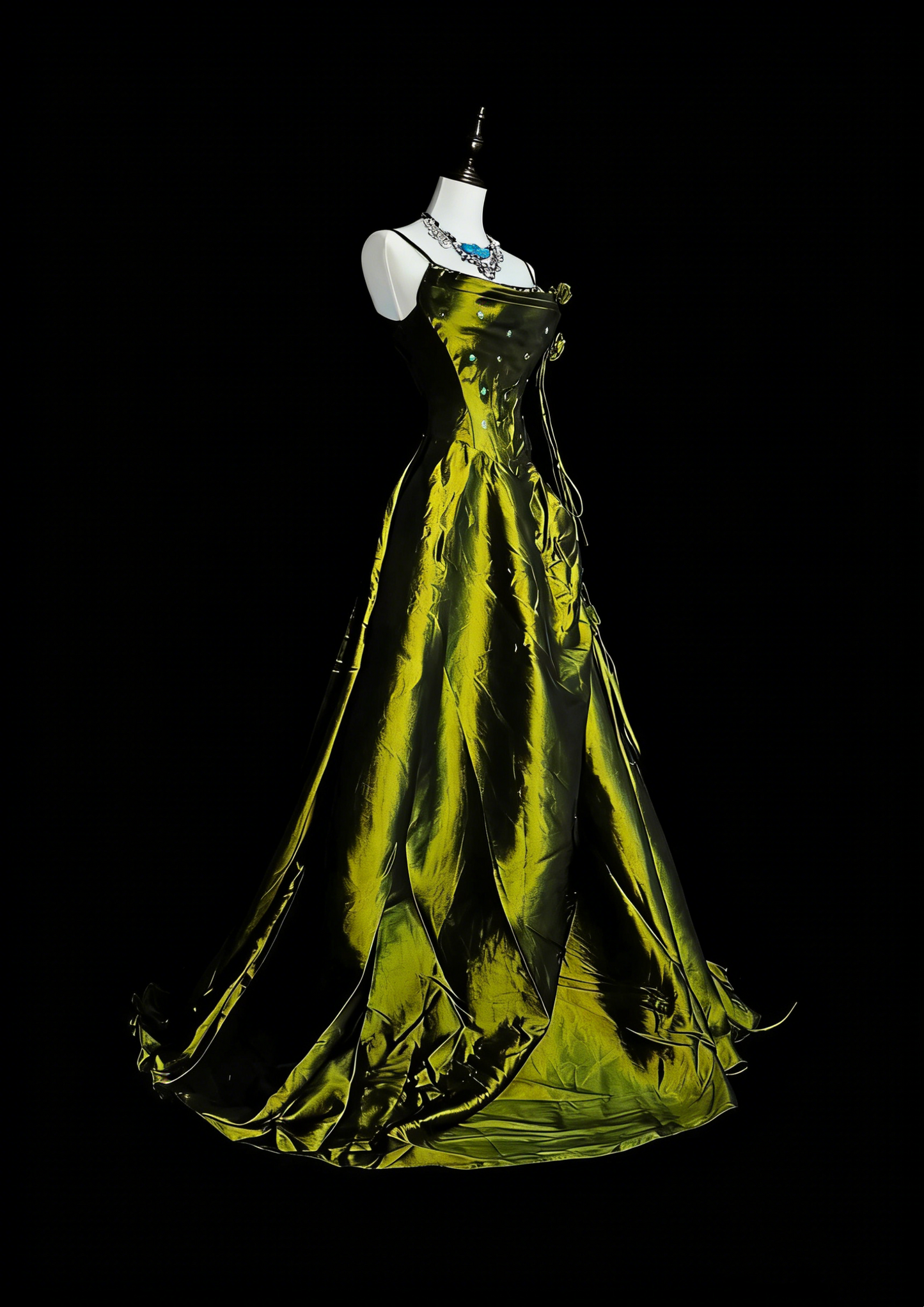 Robe de bal vintage à fines bretelles, vert olive, ornée de perles, sans manches, style années 80, longue robe de soirée formelle N1477