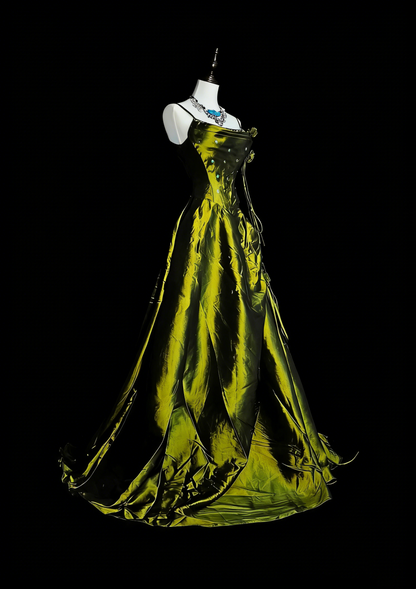 Robe de bal vintage à fines bretelles, vert olive, ornée de perles, sans manches, style années 80, longue robe de soirée formelle N1477