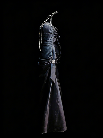 Robe de soirée sirène longue en satin gris avec col en V et dos nu, style rétro des années 60, pour bal de promo, modèle N2138