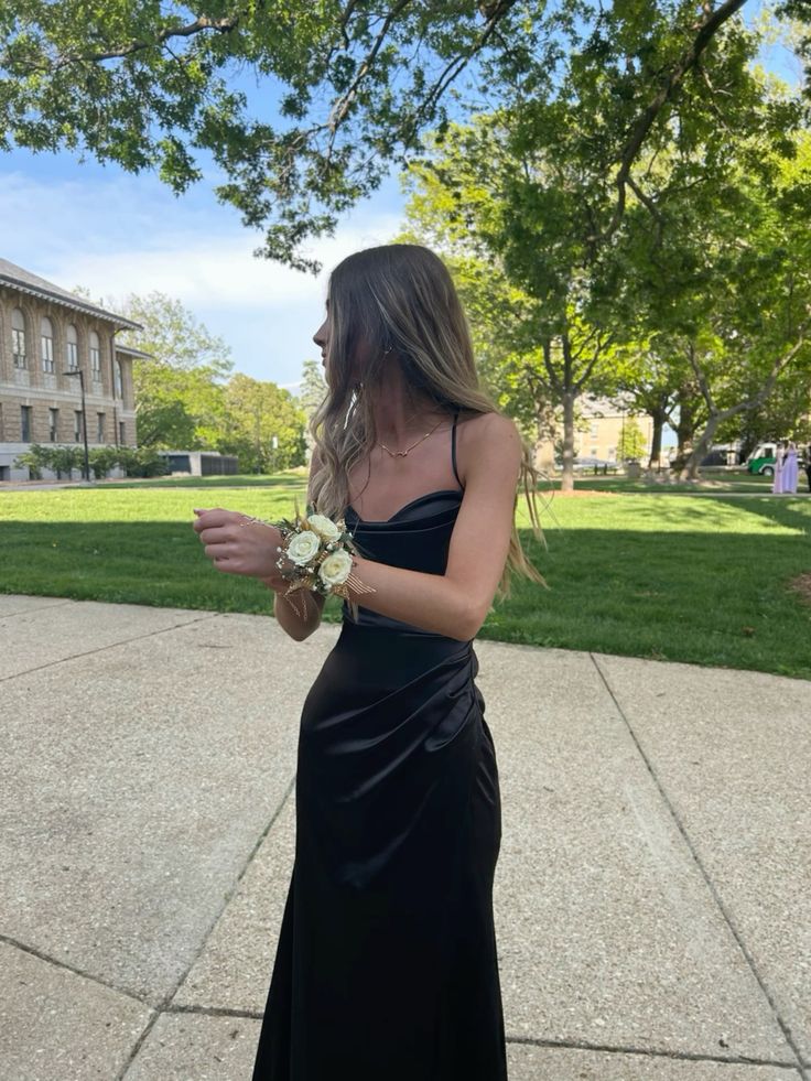 Simple Mermaid Spaghetti Straps Black Satin Floor Length Prom Dress Inspiration Long Prom Dresses AB034