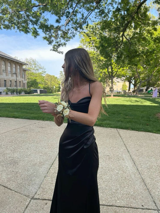 Simple Mermaid Spaghetti Straps Black Satin Floor Length Prom Dress Inspiration Long Prom Dresses AB034