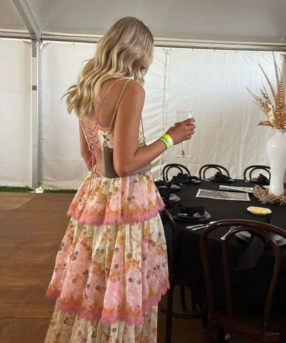 Robe de bal longue élégante à bretelles spaghetti, imprimé floral et volants, coupe trapèze, référence AB486