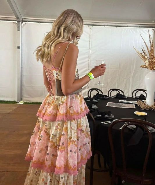 Elegant A Line Spaghetti Straps Floral Print Ruffles Long Prom Dress Party Gowns AB486