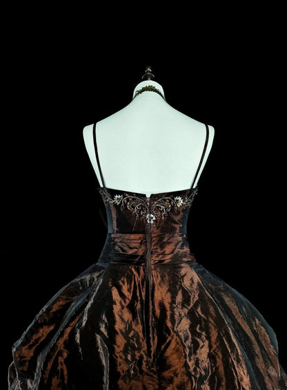 Vintage-Ballkleid mit Spaghettiträgern und Perlen, Falten, langes Abendkleid N2389