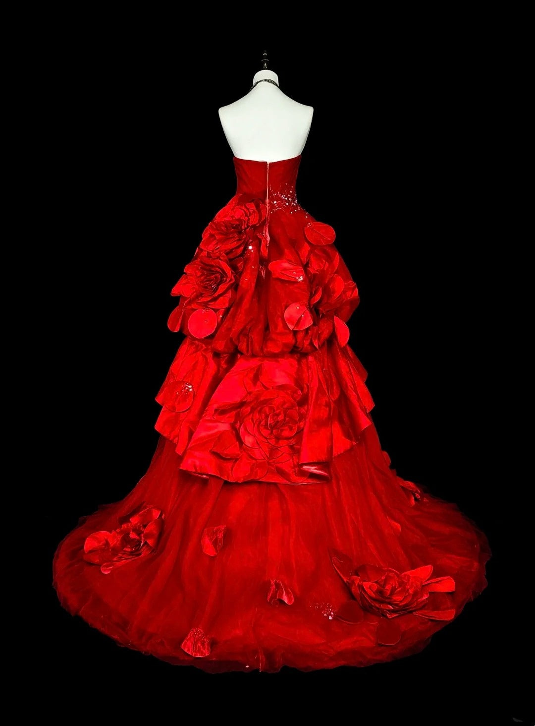 Robes de bal vintage pour le bal de promo, bustier sans bretelles en tulle rouge avec fleurs 3D, longue robe de soirée N2378
