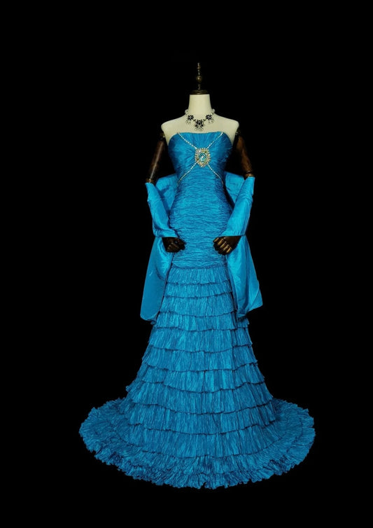 Robe de bal longue sirène vintage bleue sans bretelles à volants, style années 80, N1484
