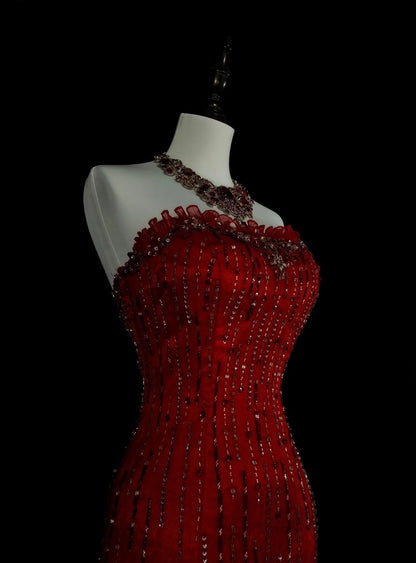 Vintage Meerjungfrauen-Kleid, trägerlos, rot, 2000er Jahre, mit silbernen Perlen, langes formelles Abendkleid N1356