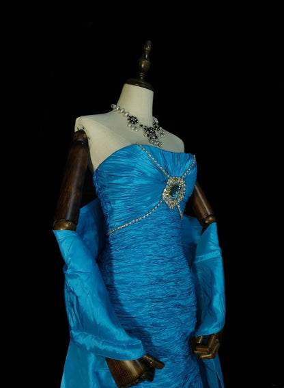 Vintage Meerjungfrauen-Kleid, trägerlos, blau, mit Stufenrock, ärmellos, 80er-Jahre-Stil, langes, formelles Abendkleid N1484