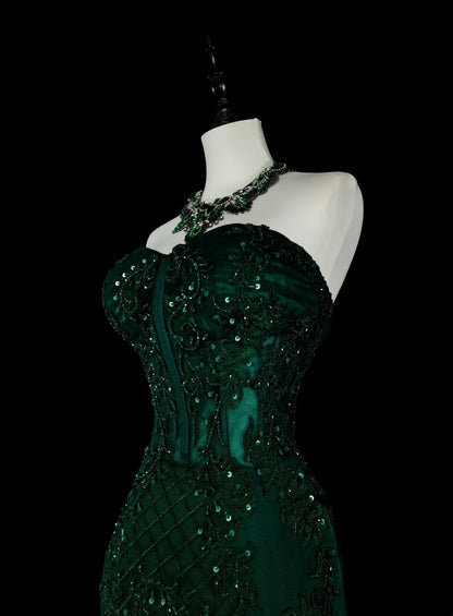 Vintage 1960s Mermaid Sweetheart Dark Green With Crystals Gems Sleeveless Long Prom Formal Dresses N1593