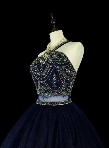 Vintage Ballkleid, hochgeschlossen, marineblauer Tüll mit Perlenstickerei, ärmellos, 70er-Jahre-Stil, langes formelles Abendkleid N1485
