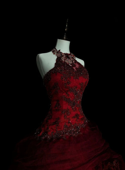 Robe de bal vintage dos nu en tulle bordeaux, robe de quinceañera longue, taille 15, Vestidos De Fiesta N1480
