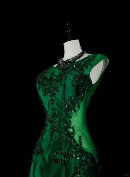 Vintage Abschlussballkleider Meerjungfrau Rundhals Dunkelgrün Satin Mit Perlen 1980er Lange Formelle Abendkleid N2705
