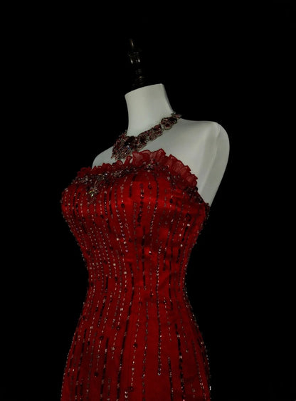 Vintage Meerjungfrauen-Kleid, trägerlos, rot, 2000er Jahre, mit silbernen Perlen, langes formelles Abendkleid N1356