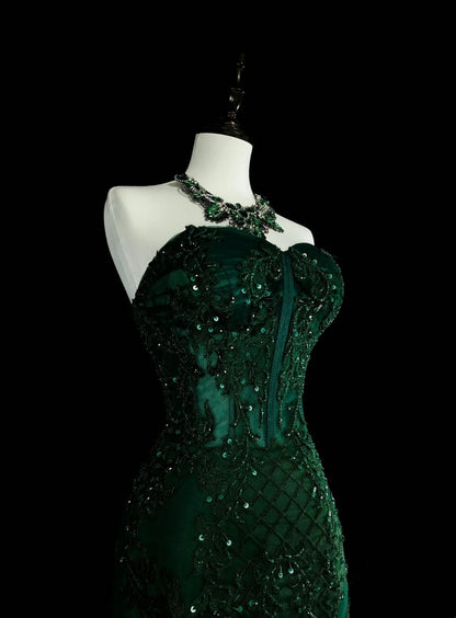 Vintage 1960s Mermaid Sweetheart Dark Green With Crystals Gems Sleeveless Long Prom Formal Dresses N1593