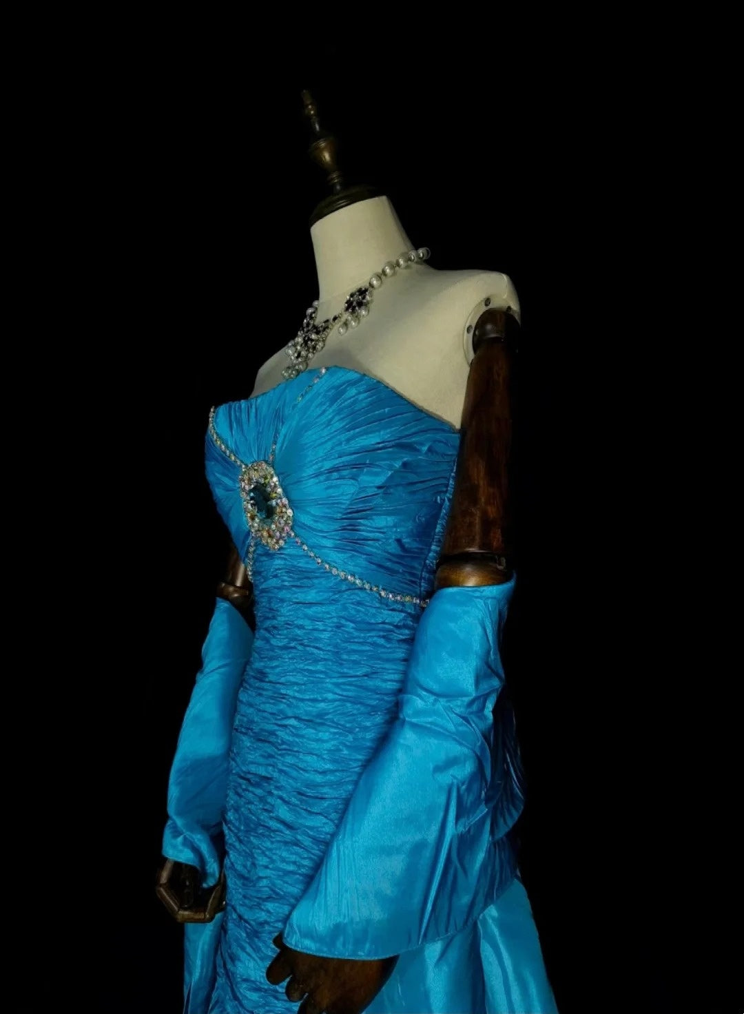 Vintage Meerjungfrauen-Kleid, trägerlos, blau, mit Stufenrock, ärmellos, 80er-Jahre-Stil, langes, formelles Abendkleid N1484
