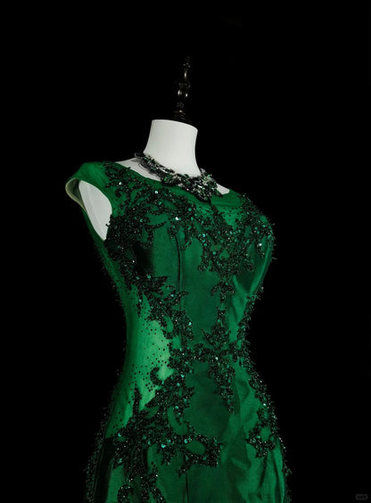 Vintage Abschlussballkleider Meerjungfrau Rundhals Dunkelgrün Satin Mit Perlen 1980er Lange Formelle Abendkleid N2705