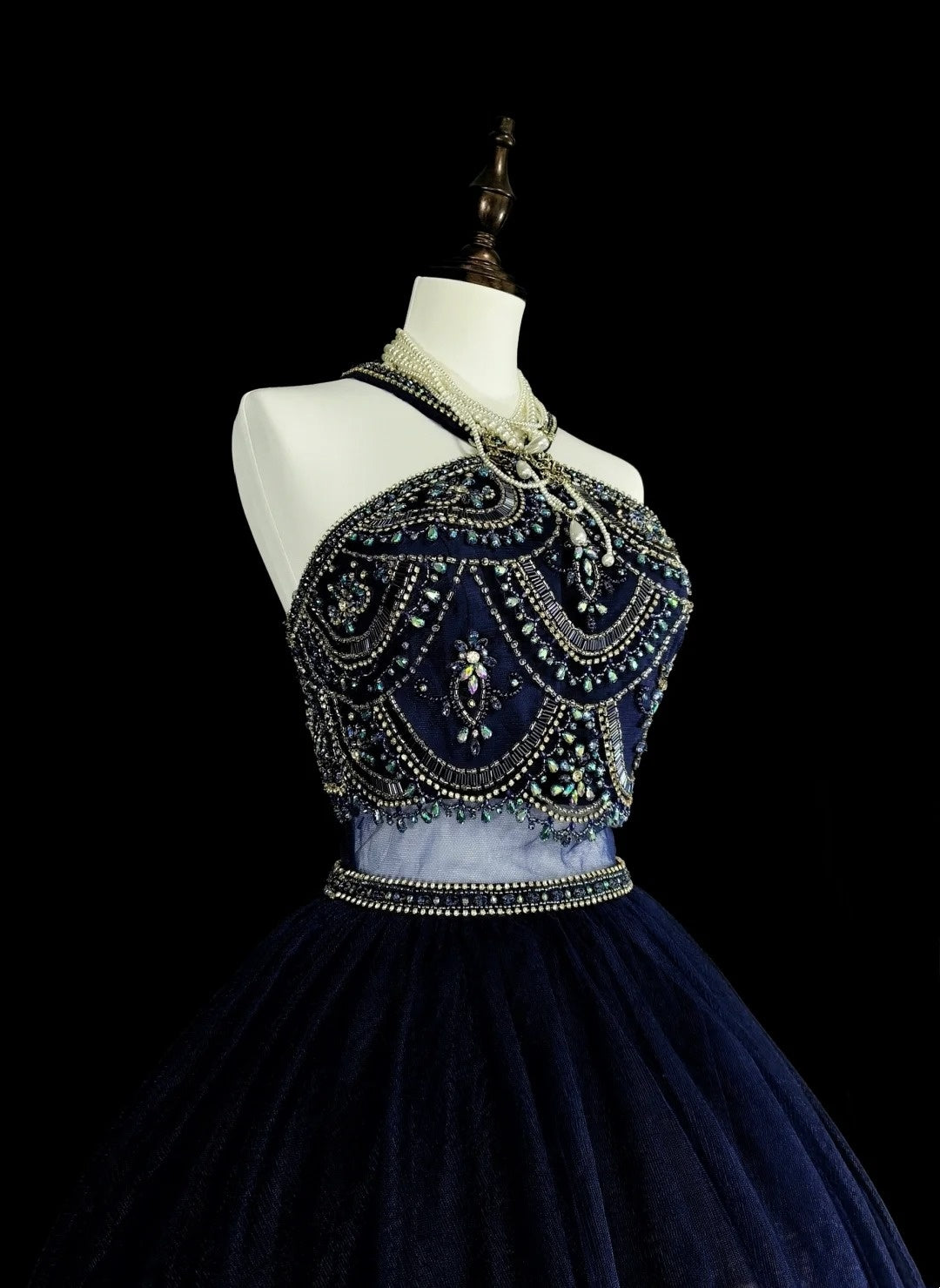 Vintage Ballkleid, hochgeschlossen, marineblauer Tüll mit Perlenstickerei, ärmellos, 70er-Jahre-Stil, langes formelles Abendkleid N1485