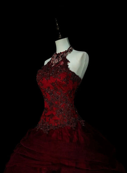 Robe de bal vintage dos nu en tulle bordeaux, robe de quinceañera longue, taille 15, Vestidos De Fiesta N1480