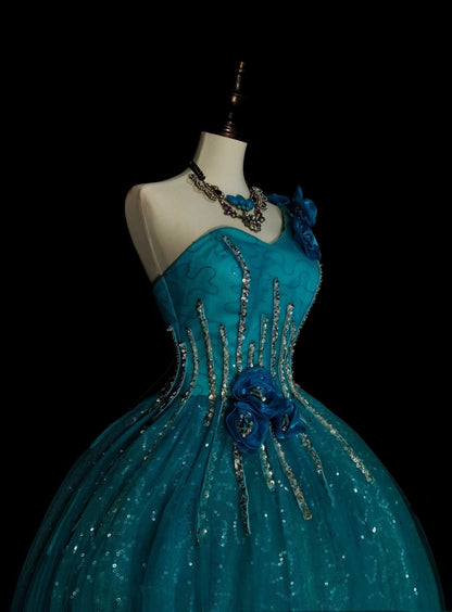 Vintage Ball Gown One Shoulder Blue Tulle Sweet 16 Dresses Quinceanera Dress Long 15 Vestidos De Fiesta N1481