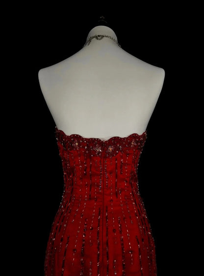 Vintage Meerjungfrauen-Kleid, trägerlos, rot, 2000er Jahre, mit silbernen Perlen, langes formelles Abendkleid N1356