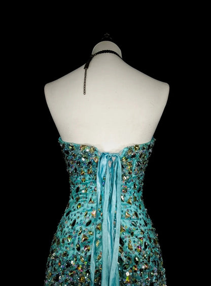 Vintage 1960s Mermaid Sweetheart Blue With Crystals Gems Sleeveless Long Prom Formal Dresses N1592