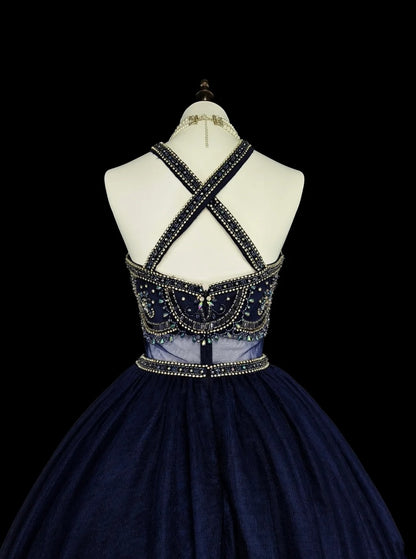 Vintage Ballkleid, hochgeschlossen, marineblauer Tüll mit Perlenstickerei, ärmellos, 70er-Jahre-Stil, langes formelles Abendkleid N1485