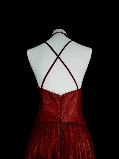Robes de bal vintage Trapèze Col Haut Bretelles Fines Bordeaux Perlé Années 80 Longue Robe de Soirée N2704
