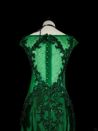 Vintage Abschlussballkleider Meerjungfrau Rundhals Dunkelgrün Satin Mit Perlen 1980er Lange Formelle Abendkleid N2705