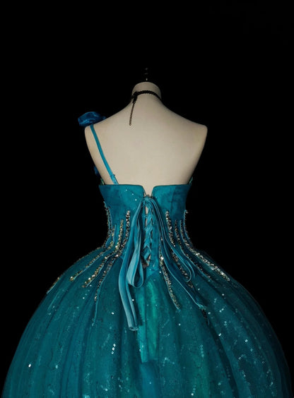 Vintage Ball Gown One Shoulder Blue Tulle Sweet 16 Dresses Quinceanera Dress Long 15 Vestidos De Fiesta N1481