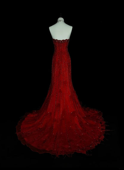 Vintage Meerjungfrauen-Kleid, trägerlos, rot, 2000er Jahre, mit silbernen Perlen, langes formelles Abendkleid N1356