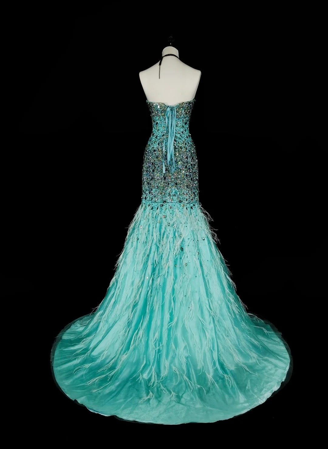 Vintage 1960s Mermaid Sweetheart Blue With Crystals Gems Sleeveless Long Prom Formal Dresses N1592