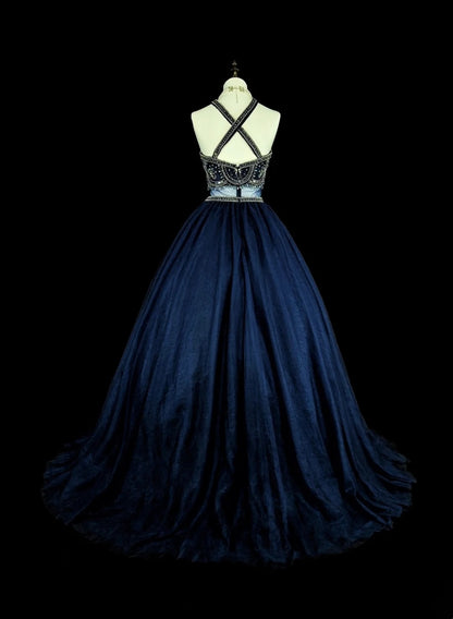 Vintage Ballkleid, hochgeschlossen, marineblauer Tüll mit Perlenstickerei, ärmellos, 70er-Jahre-Stil, langes formelles Abendkleid N1485