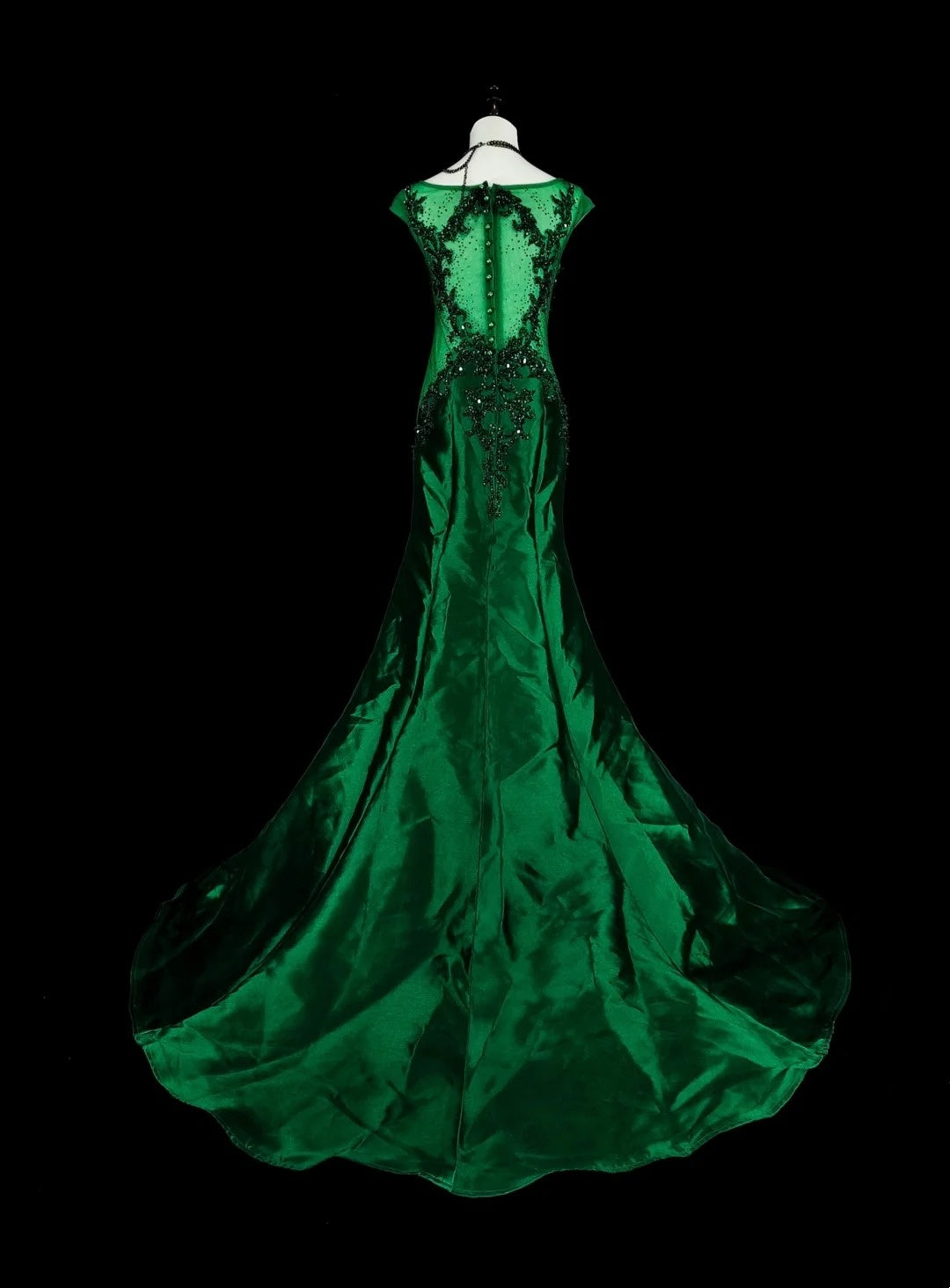 Vintage Abschlussballkleider Meerjungfrau Rundhals Dunkelgrün Satin Mit Perlen 1980er Lange Formelle Abendkleid N2705