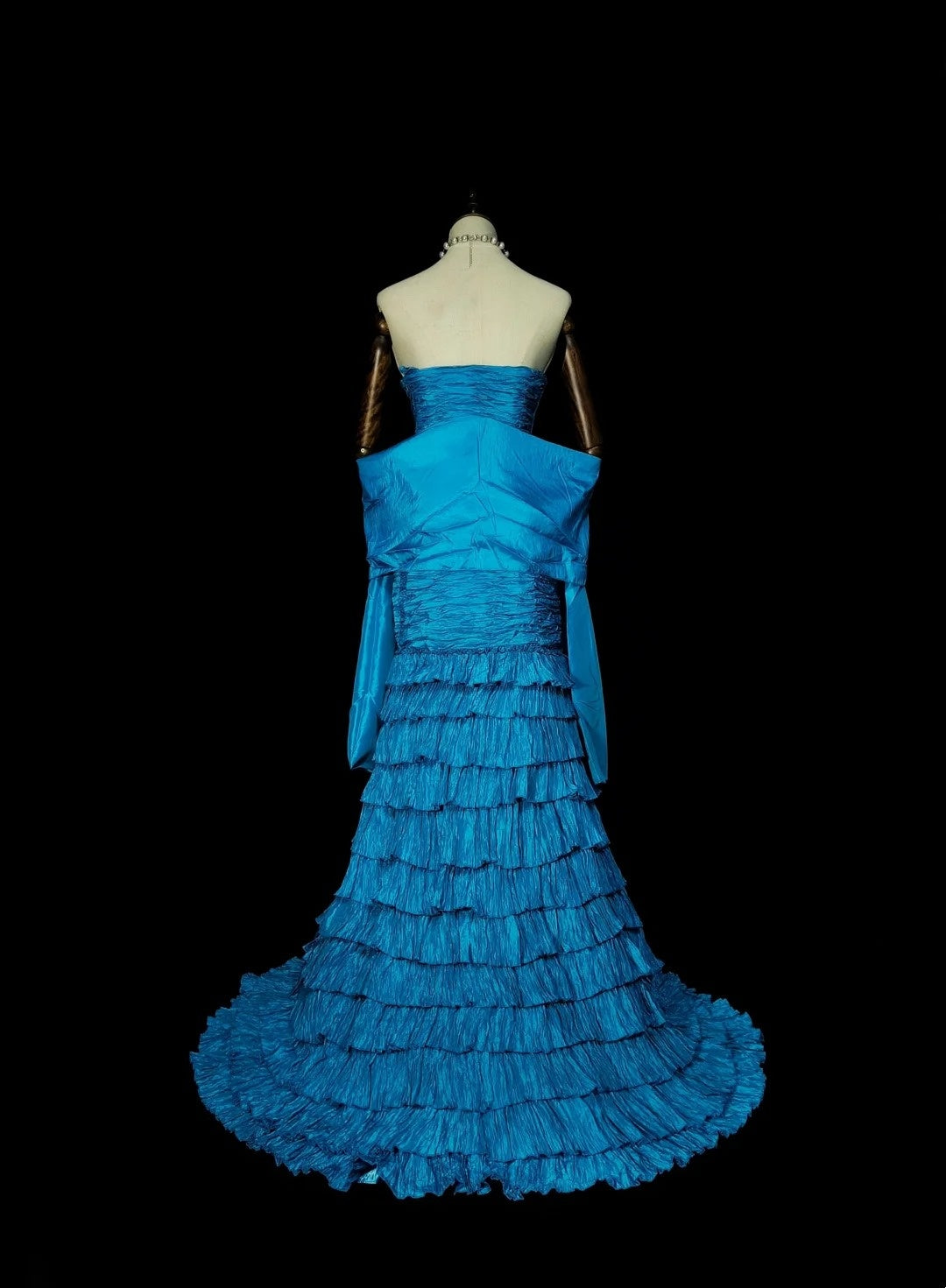 Vintage Meerjungfrauen-Kleid, trägerlos, blau, mit Stufenrock, ärmellos, 80er-Jahre-Stil, langes, formelles Abendkleid N1484