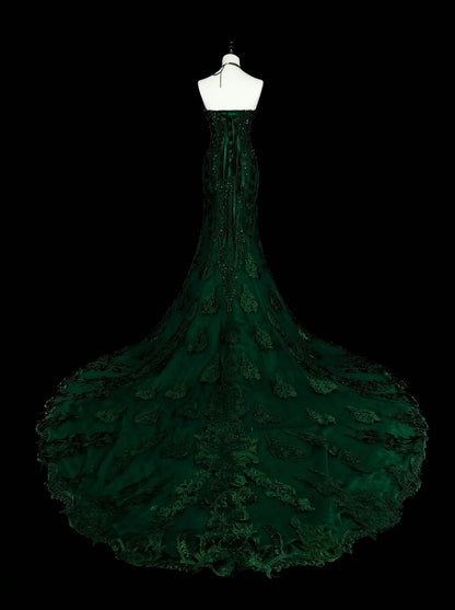 Vintage 1960s Mermaid Sweetheart Dark Green With Crystals Gems Sleeveless Long Prom Formal Dresses N1593