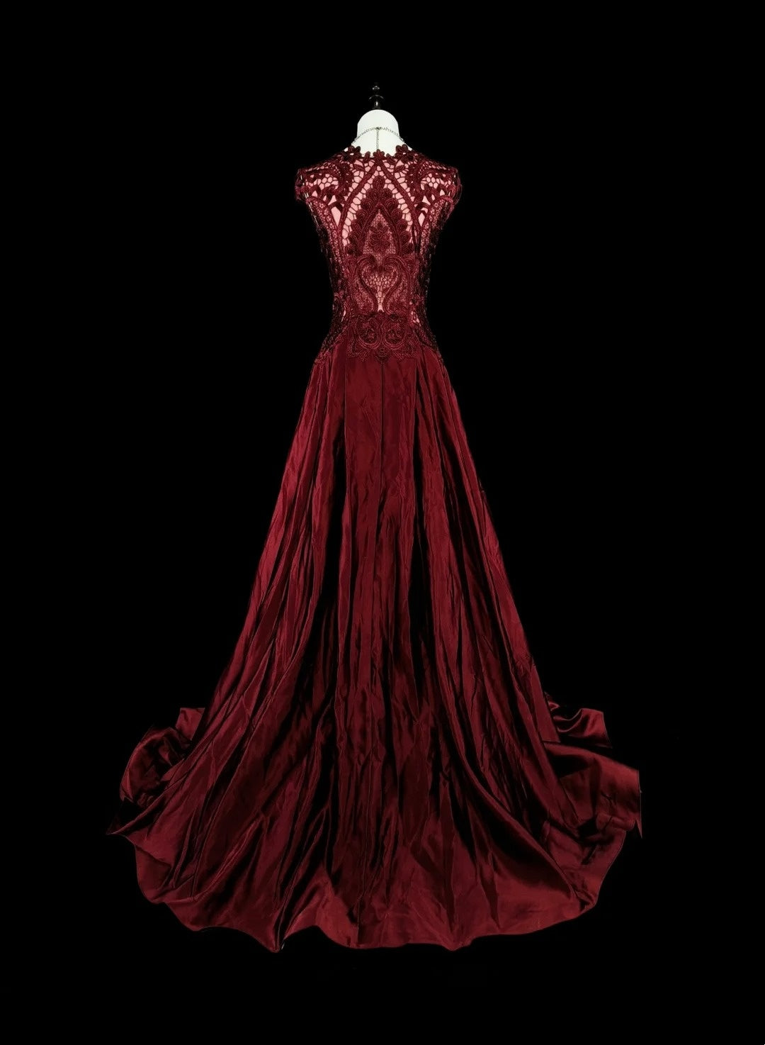 Robe de bal rétro années 70, coupe trapèze, décolleté rond, dentelle bordeaux, sans manches, N1486