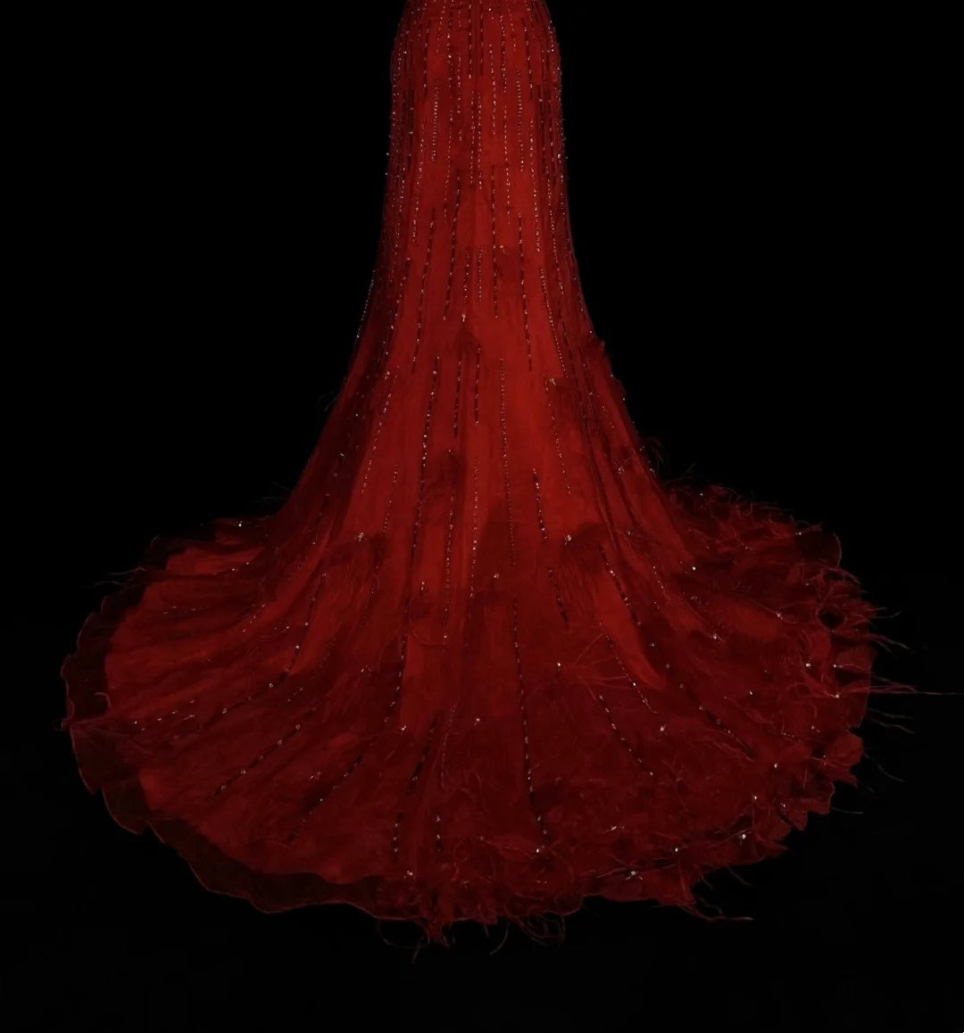 Vintage Meerjungfrauen-Kleid, trägerlos, rot, 2000er Jahre, mit silbernen Perlen, langes formelles Abendkleid N1356