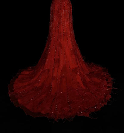 Vintage Meerjungfrauen-Kleid, trägerlos, rot, 2000er Jahre, mit silbernen Perlen, langes formelles Abendkleid N1356