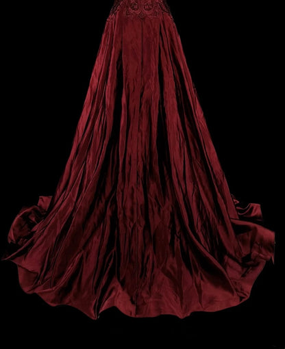 Robe de bal rétro années 70, coupe trapèze, décolleté rond, dentelle bordeaux, sans manches, N1486
