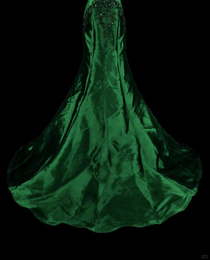 Vintage Abschlussballkleider Meerjungfrau Rundhals Dunkelgrün Satin Mit Perlen 1980er Lange Formelle Abendkleid N2705