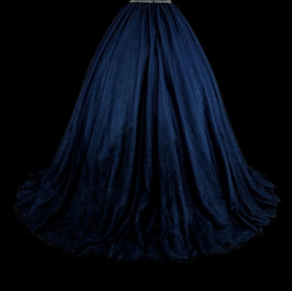 Vintage Ballkleid, hochgeschlossen, marineblauer Tüll mit Perlenstickerei, ärmellos, 70er-Jahre-Stil, langes formelles Abendkleid N1485