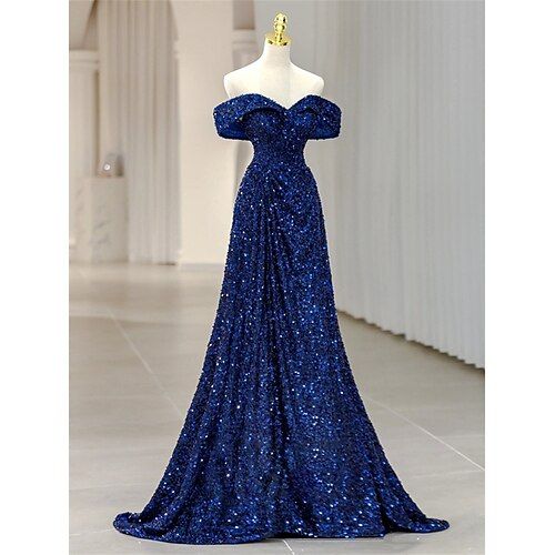 Sequin Mermaid / Trumpet Evening Gown Elegant Dress Formal Wedding Floor Length Off Shoulder Lace Up with Pleats AB1830