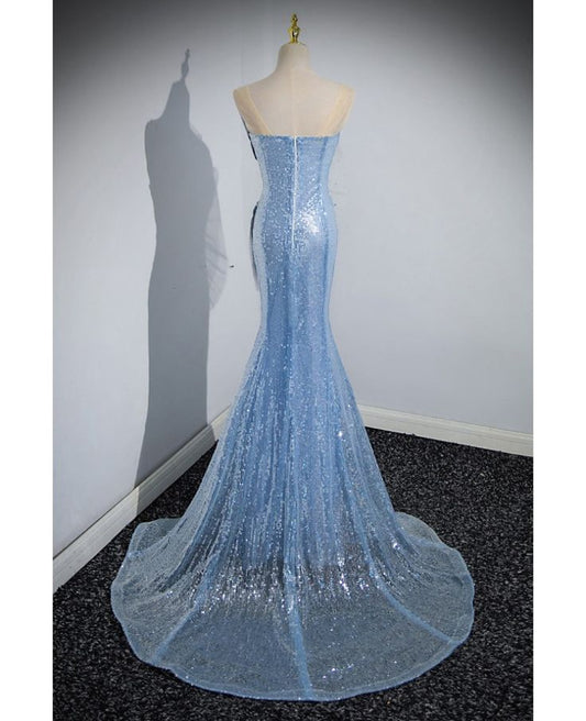 Stylish Mermaid Strapless Sequin Blue Scalloped Prom Dress AB1831