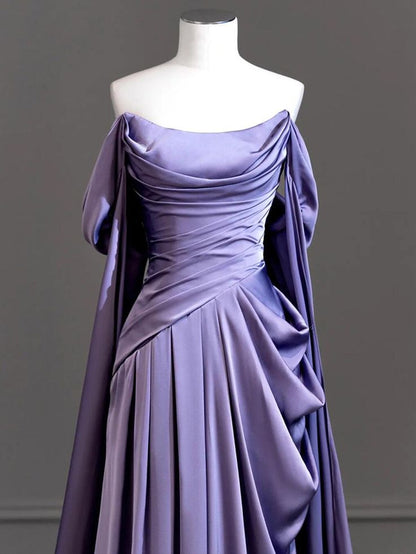 Robe de bal sirène violette à épaules dénudées et plis, modèle AB438