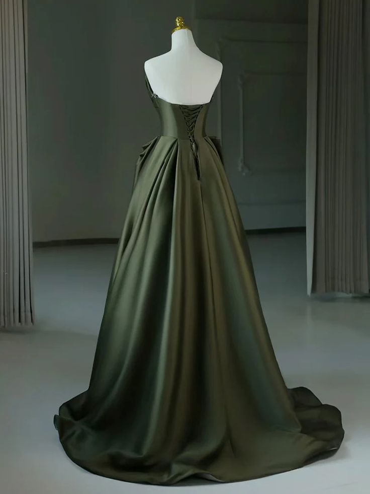 Graceful A line Strapless Green Satin Strapless Pleats Prom Dress Party Gowns AB436
