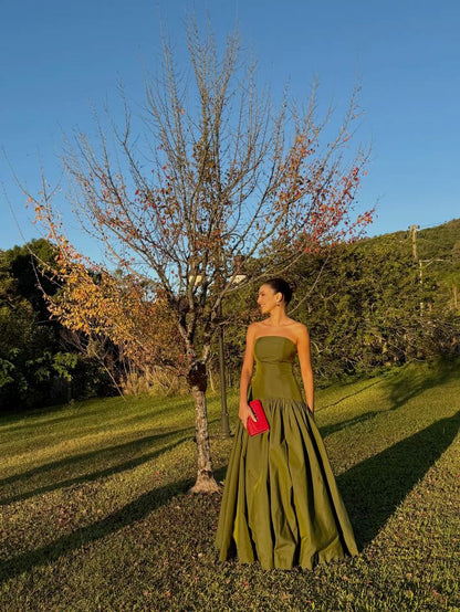 Robe de soirée chic, coupe trapèze, bustier, en satin vert olive, taille basque, sans manches, AB452
