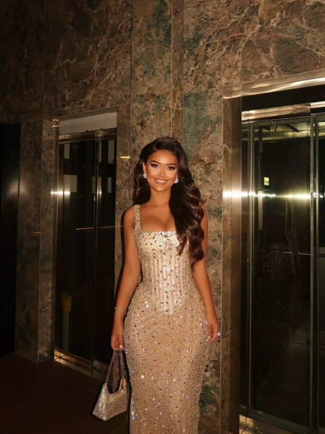 Robe de bal longue de fin d'année, style sirène scintillante, col carré, sequins champagne, référence N1320