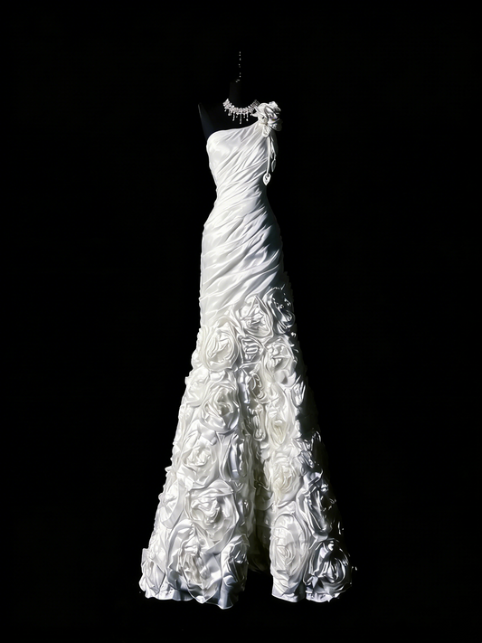 Princess Wedding Dresses Mermaid One Shoulder White Satin Floral Long Brides Dress Fitted Bridal Gown N1206