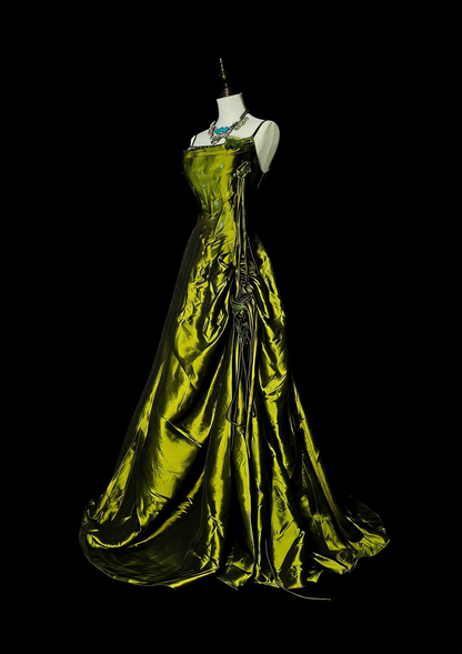 Robe de bal vintage à fines bretelles, vert olive, ornée de perles, sans manches, style années 80, longue robe de soirée formelle N1477